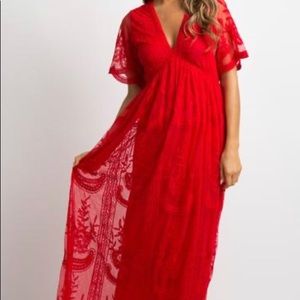 Pink blush maternity red lace scallop maxi dress